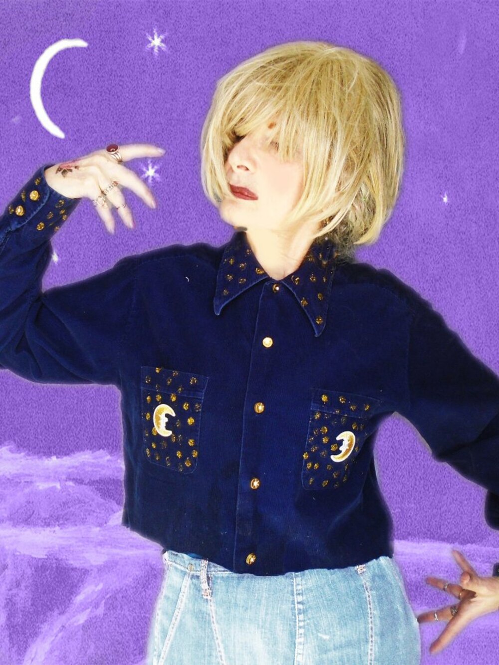 Cropped Shirt Blue Corduroy Button Down OOAK Celestial Art Upcycled Vintage Top
